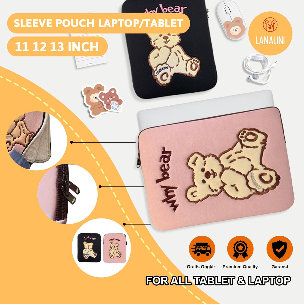 Sleeve Pouch Sarung Tas Bag Case Ipad Tab Tablet Macbook Air Pro Laptop Asus Acer Lenovo HP Huawei 11 12 13 14 15 inch Motif Gambar Beruang Bear Warna Hitam Pink Lucu Cute Murah Korean Model