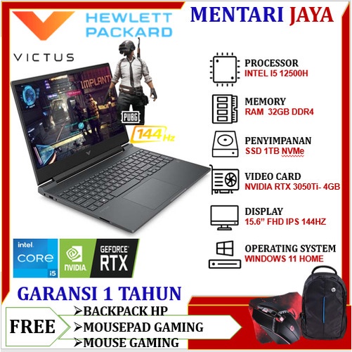 Laptop Gaming Terbaru Murah HP Victus 15 INTEL i5 12500H 16GB 1TB ssd RTX3050Ti Full HD IPs144Hz Win11