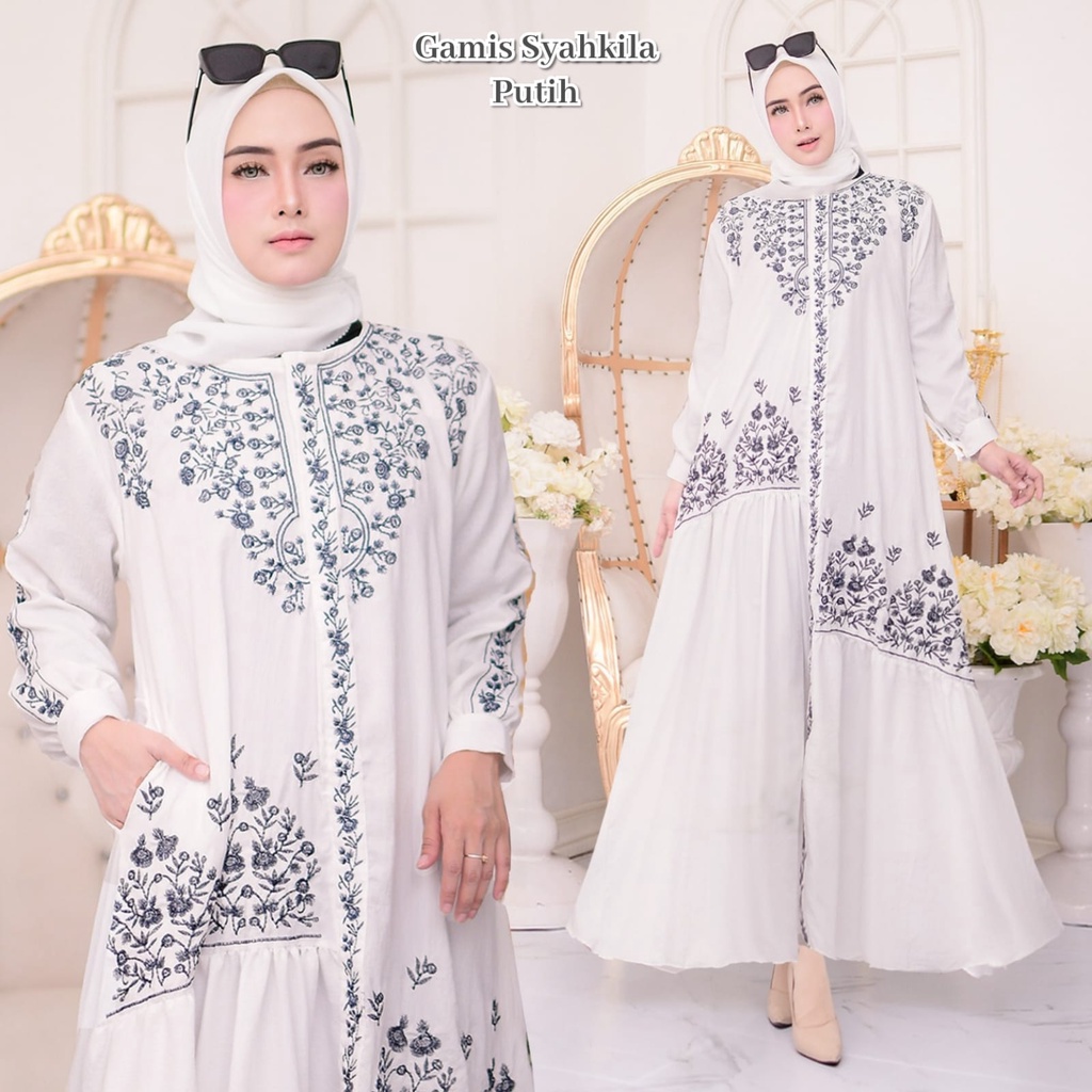 Syahkila gamis - gamis putih mix bordir / gamis kondangan / gamis kondangan modern / gamis kondangan terbaru 2023 / gamis kondangan mewah / gamis undangan / gamis untuk lebaran / gamis resleting depan / gamis resmi / gamis layer / gamis layer kekinian