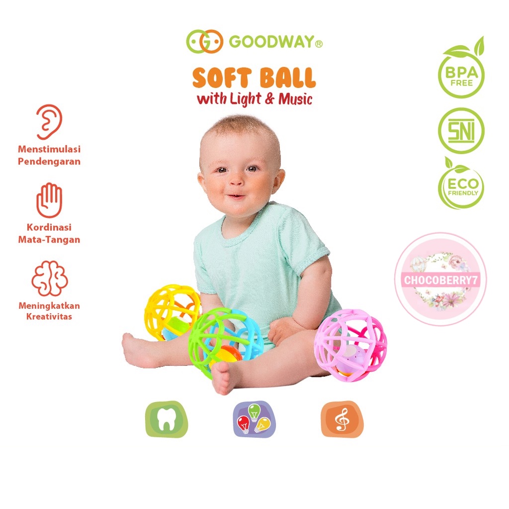 Goodway Soft Ball With Light &amp; Music GWG106 / Teether Rattle Bayi / Mainan Gigitan Bayi Bola / Mainan Bayi