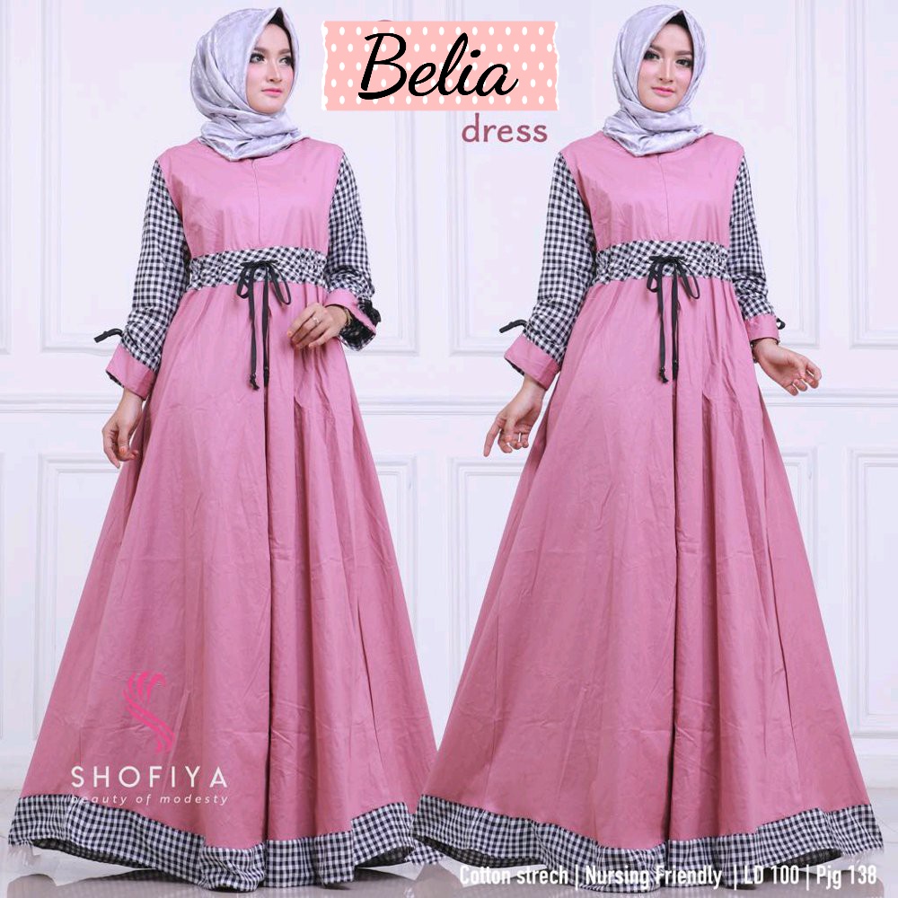 BELIA - DRESS BAJU GAMIS POLOS BUSUI SLETING DEPAN MOTIF KOTAK TALI PINGGANG TANGAN WARNA DASTI DUST