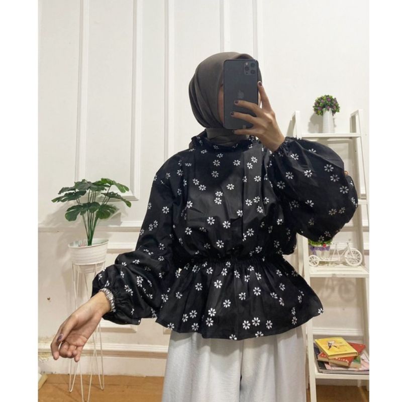 blouse wanita motif bunga/atasan wanita korea motif bunga/baju wanita terbaru/blouse wanita serut pi