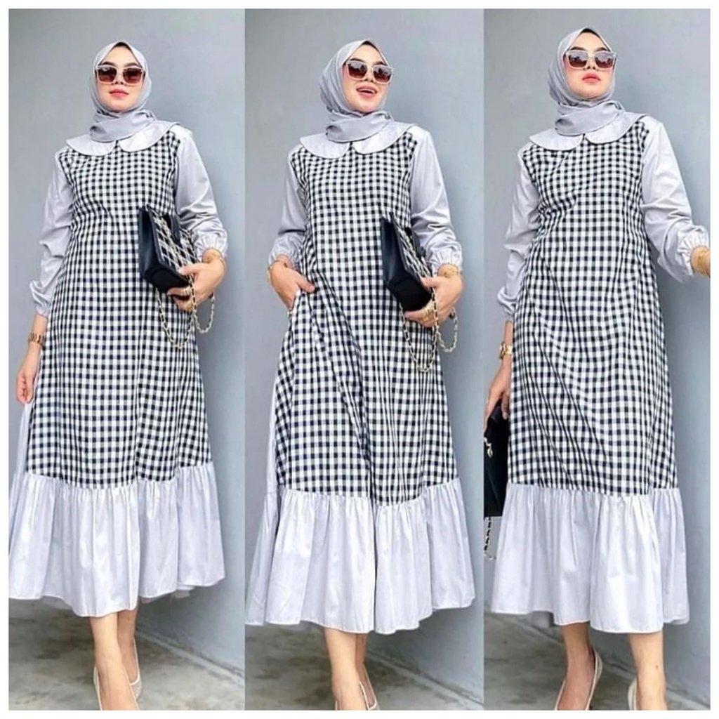 Anella midi dress muslimah katun motif kotak kotak terbaru