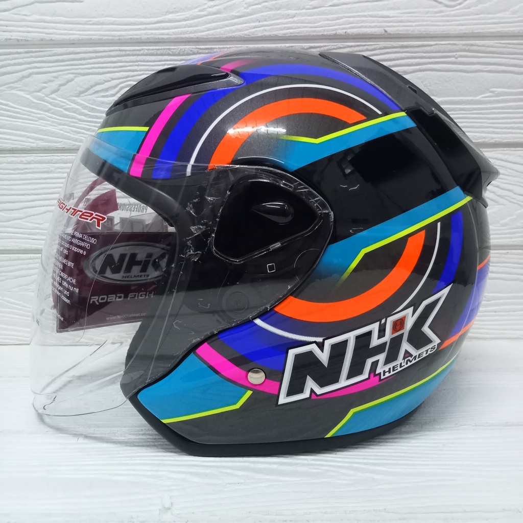 HELM NHK R6 HALF FACE MOTIF XION BLACK BLUE SINGLE VISOR HELMET