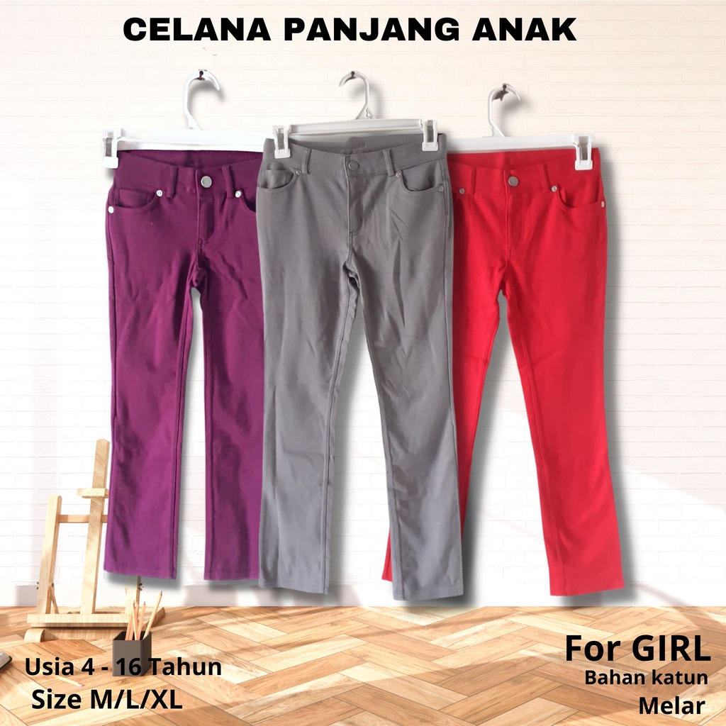 Celana Panjang JEGGING Anak Perempuan bahan Katun Melar Size S M L XL Untuk Usia 4 - 16 Tahun kids girl long pants