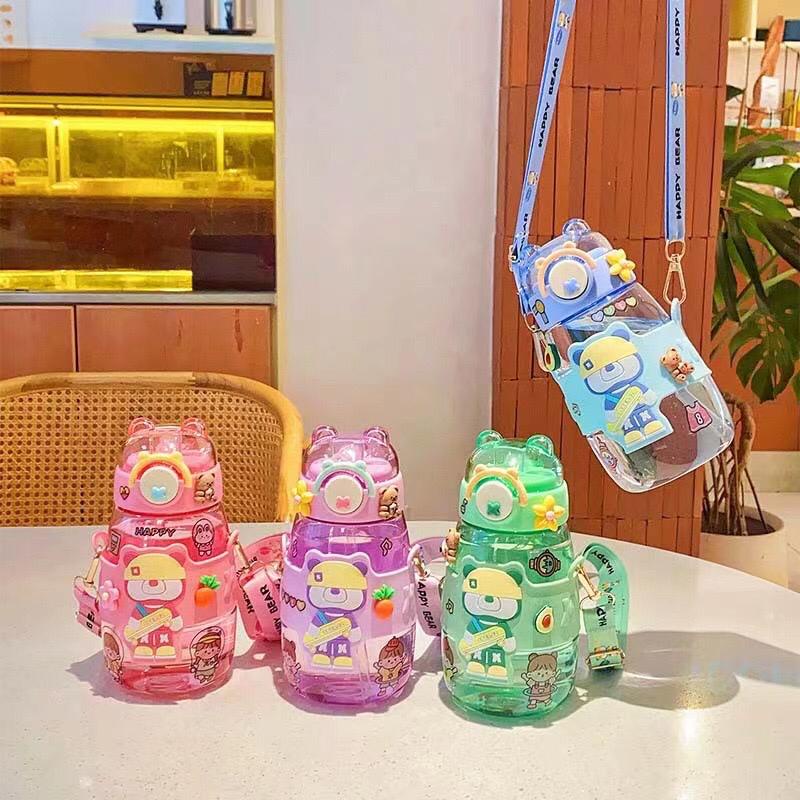 STV Botol minum anak happy bear 600ML/ Botol minum anak sedotan animal series botol anak lucu botol hits free stiker 2d dan 3d