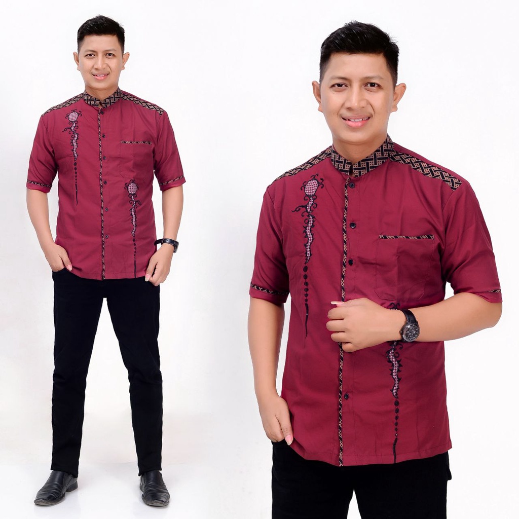 Baju Koko Pria Dewasa Muslim Spesial Warna Merah Marun Maroon Seragam Hadroh Kekinian veldanava peka