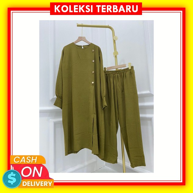 Ramdan Collection A047 | Milly One Set Rayon Crinkle Setelan Wanita Kekinian Tunik + Celana Import F