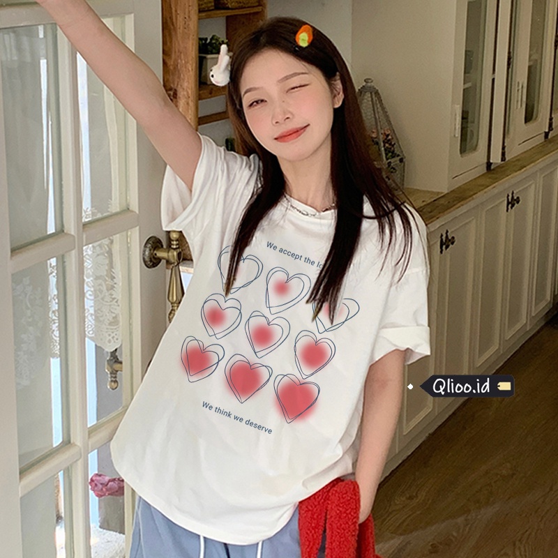 Print T-shirt Kaos Lengan Pendek Pink Heart Blush Baju Wanita Oversize Korean Style