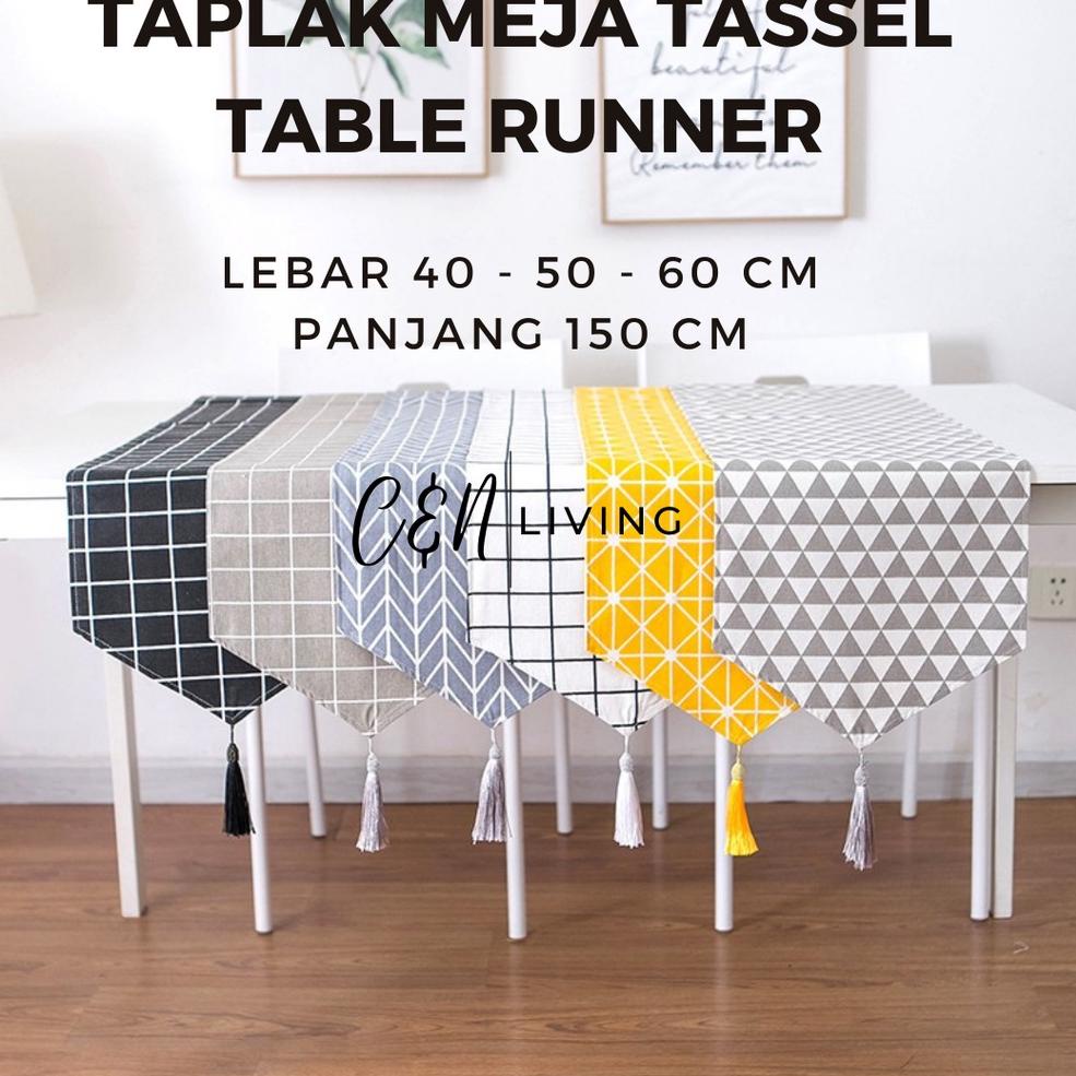 ➯ TAPLAK MEJA RUANG TAMU PERSEGI PANJANG MINIMALIS TABLE RUNNER RUMBAI MOTIF KOTAK AESTHETIC KEKINIA