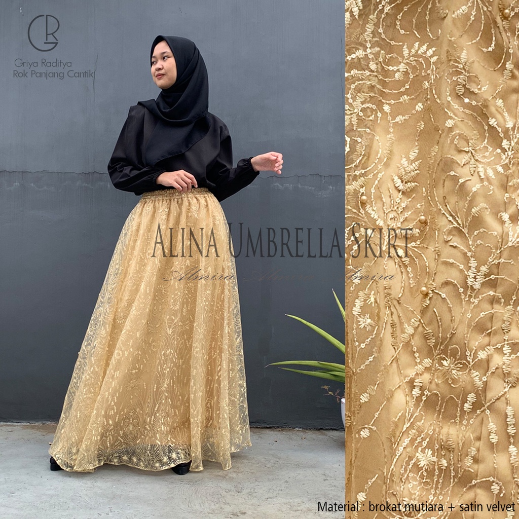 Rok Brukat Satin Payung  Kondangan Alina Umbrella Skirt Brokat Mutiara Almira Panjang 100cm Gratis Potong