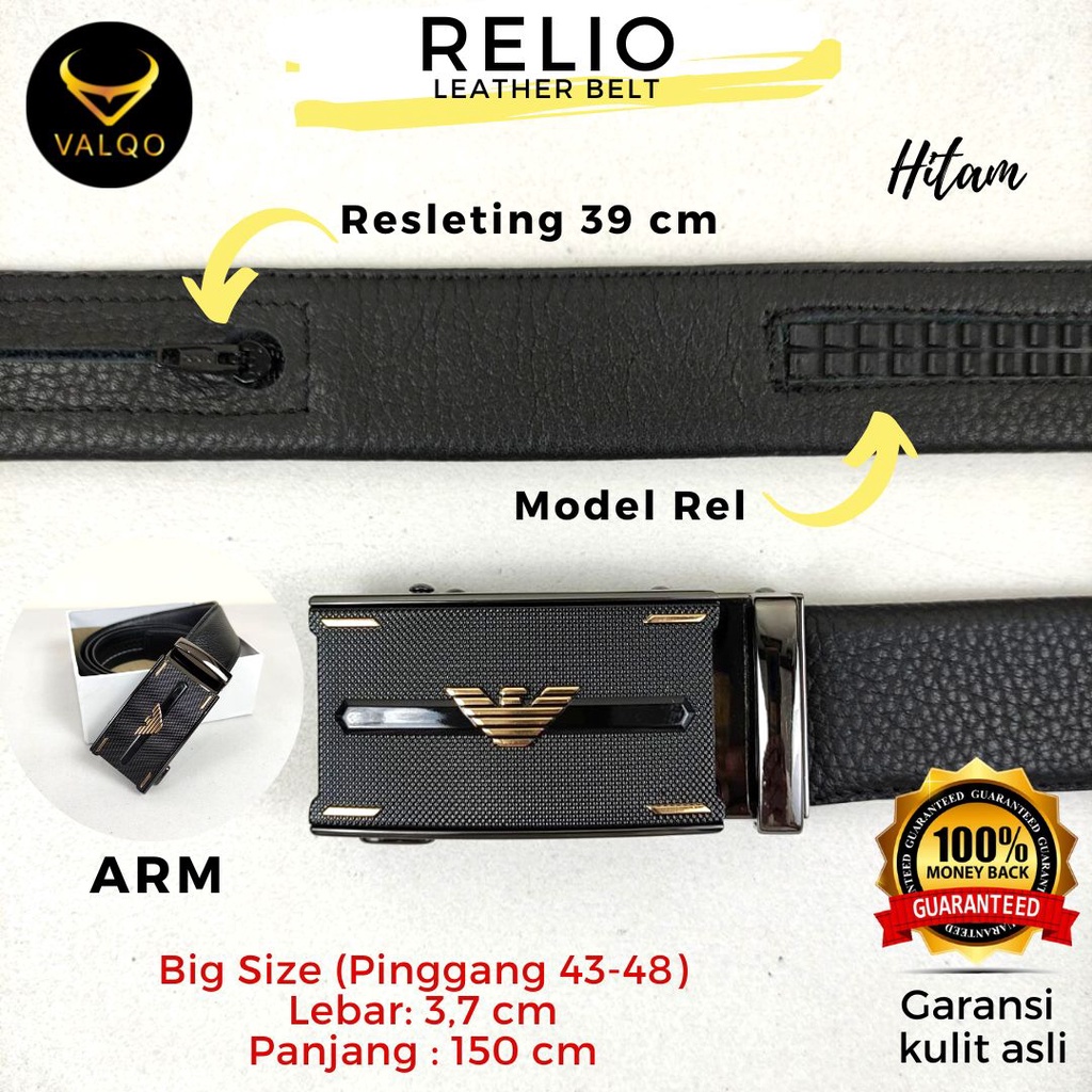 [VALQO] RELIO Resleting 150 CM Hitam Ikat Pinggang kulit sapi Rel Sabuk Cowok Pria Ukuran Besar Big Size