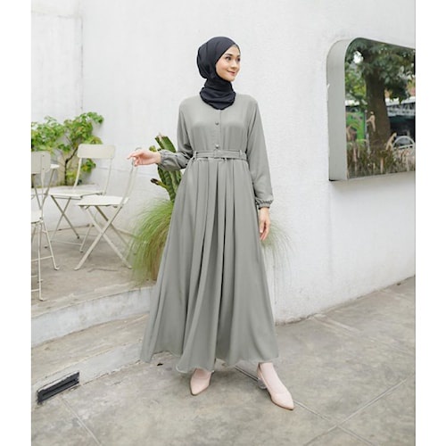 Gamis Biru Langit ON MODEL BASIC DRESS MINT GREEN SAGE WANITA EARTH TONE COLOR SAGE GREEN MURCE AFFO