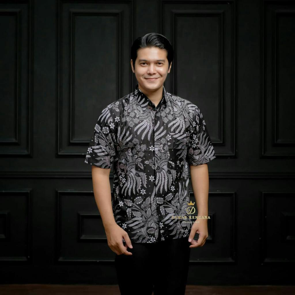 Kemeja batik lengan pendek motif manggar abu