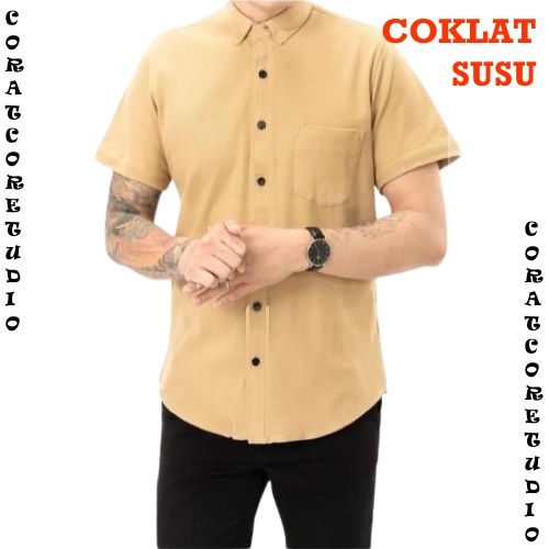 CORAT CORET Kemeja Laki Hem Cowok Jumbo Big Size Lengan Pendek Polos Kancing Kantong Saku Kemeja Pri