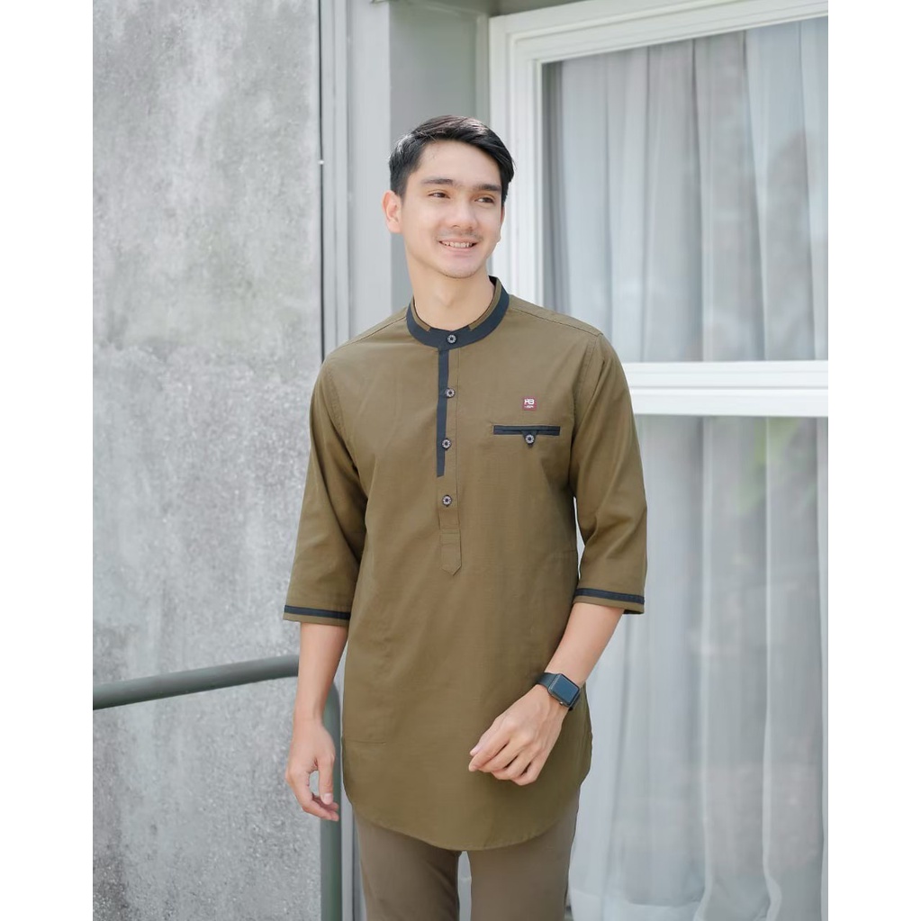 HABIB MUSLIM KURTA ORIGINAL Koko kurta baju muslim pria lengan tiga perempat warna dark oliv art seri 02