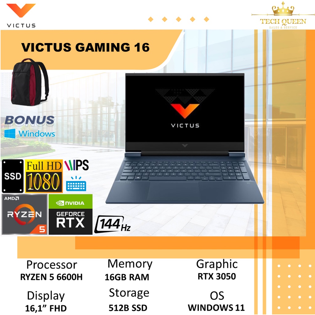 HP VICTUS GAMING 16 - E1090AX RTX3050 4GB RYZEN 5 6600H 16GB 512SSD WINDOWS 11+OHS 16.0 INCHI FHD 144HZ SLV