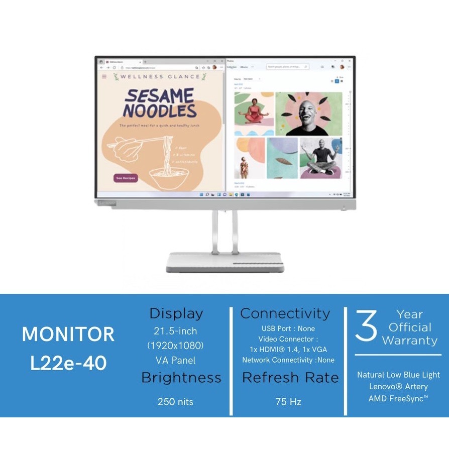 Lenovo Monitor L22e-40 21.5&quot; FHD VA Panel 75 Hz Anti-glare