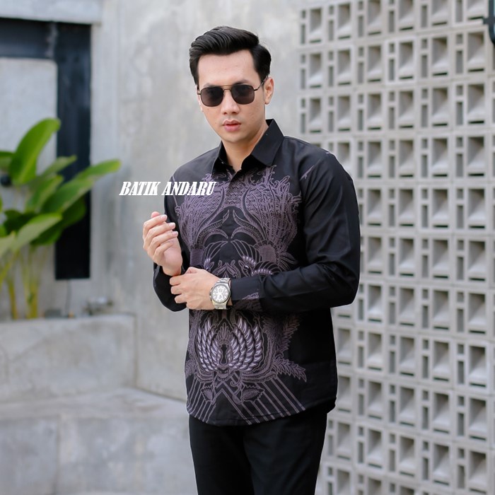 Batik Pria Slim Fit Lengan Panjang Full Furing Erro Heem Kemeja Laskala Premium Warna Hitam Pekat