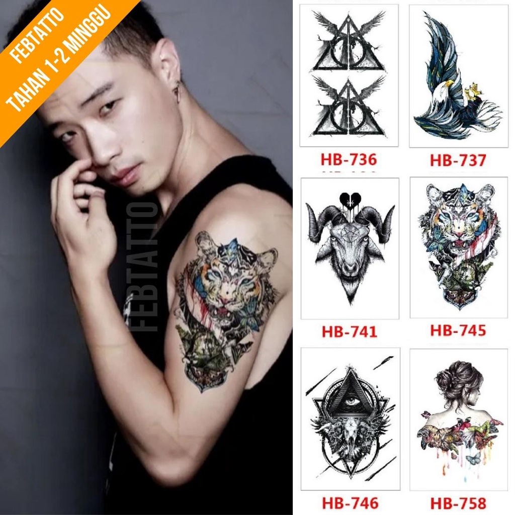 Tato Temporer Ukuran 21cmx15cm Motif Aesthetic Tatto Temporary Stiker Tato Halal Grosir Tato air motif perempuan kupu kupu, segitiga sayap, burung garuda, kepala kambing, macan, iluminati HB 745