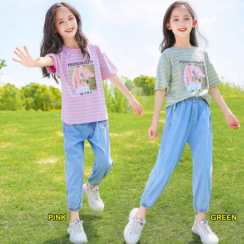 Setelan Anak Perempuan Teenager Casual Stripe Personal Girly