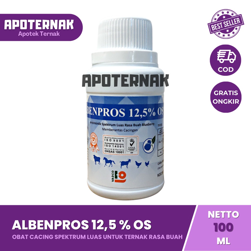 ALBENPROS 12.5% OS 100 mL | Obat Cacing Ampuh Oral Untuk Sapi kambing Domba Unggas Rasa Blubery | Vadco