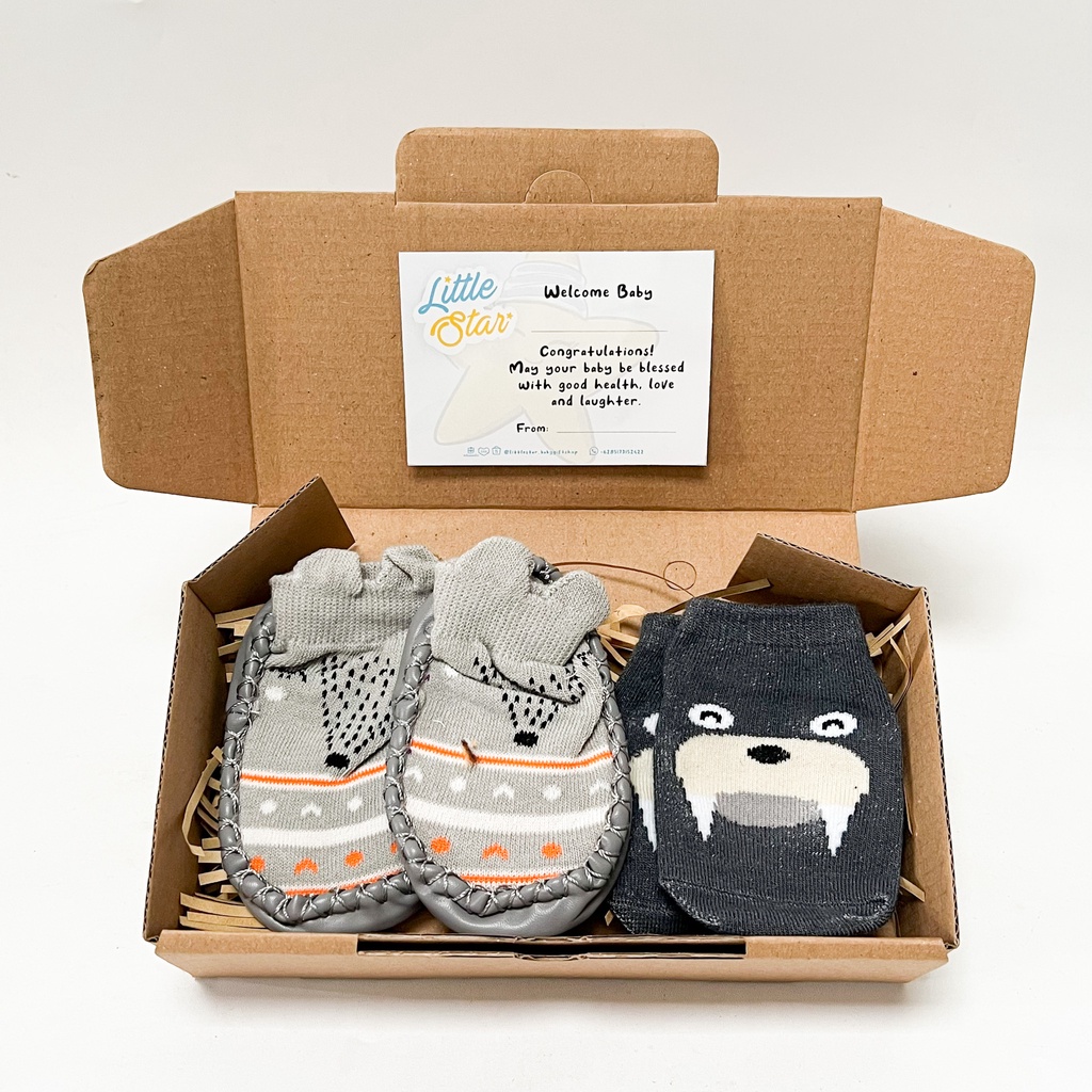 2in1 Gift Set Baby Hampers Sepatu Kaos Kaki Bayi Karet Prewalker Hewan