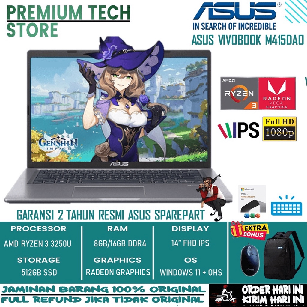 PROMO Laptop Gaming Baru Murah Asus Vivobook M415DAO AMD RYZEN 3 3250U Radeon Windows 11 OHS ORIGINAL