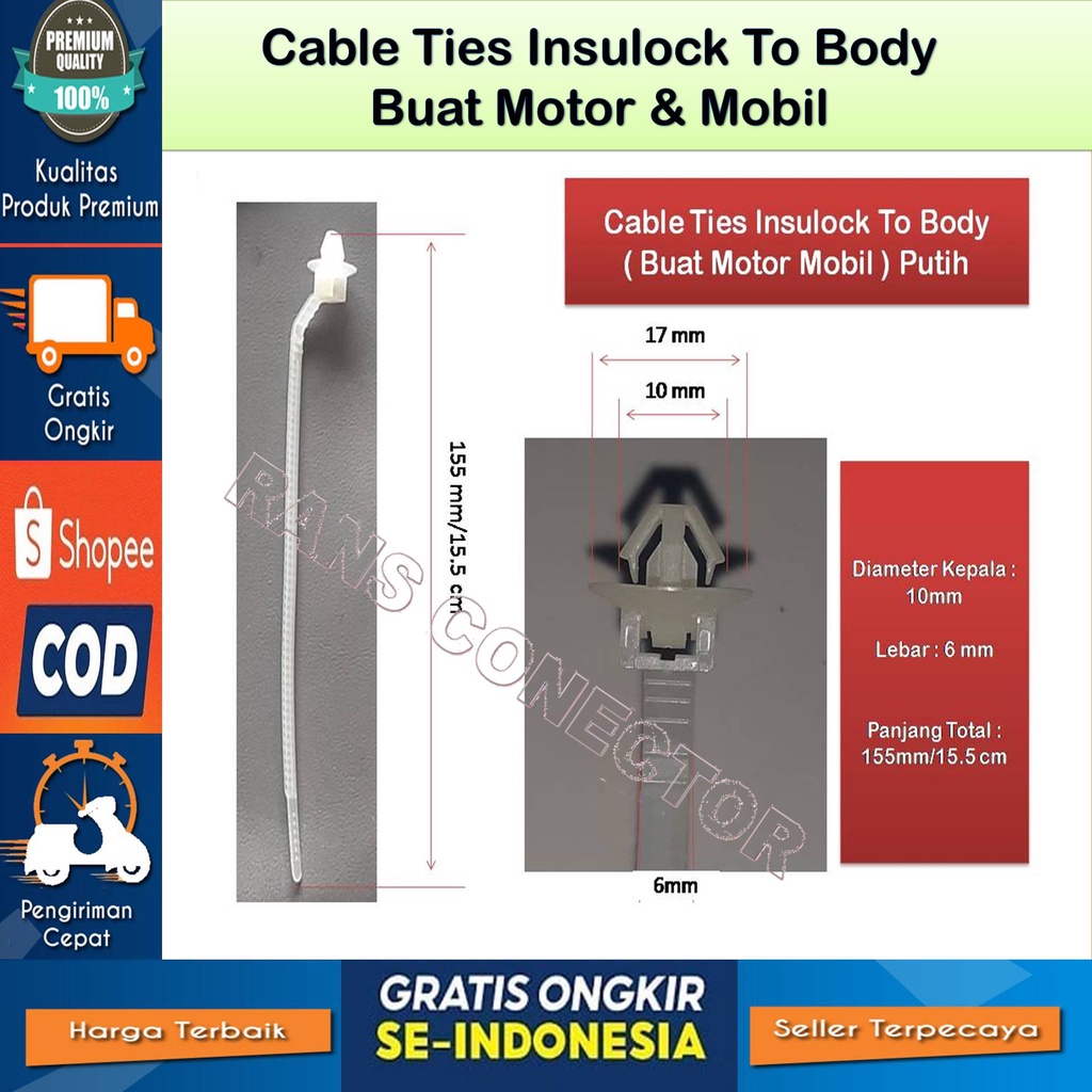 Nylon plastik Pengikat kabel Klip Panah/Insulock insulok To Body kabel Ties PUTIH - Klip Panah
