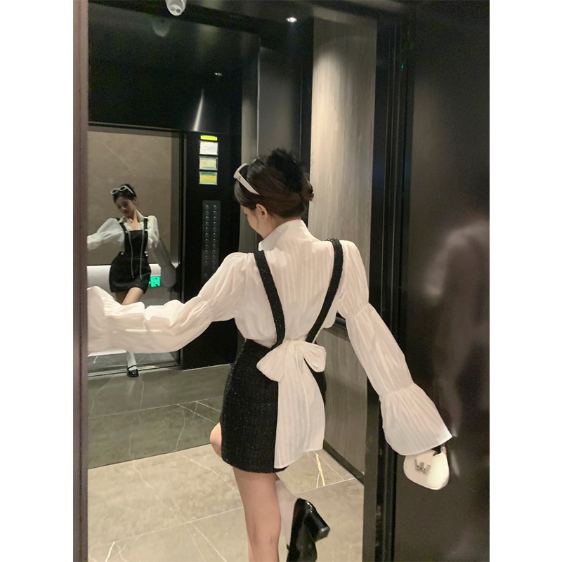 Red Kumikumi design sense drawstring bow tie shirt female spring strap dress short skirt two-piece set