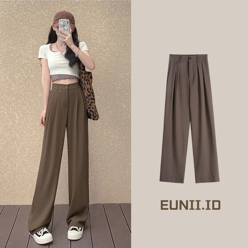 [5 Warna] EUNII Celana Panjang Wanita Loose High Waist Korean Style Hitam Pants