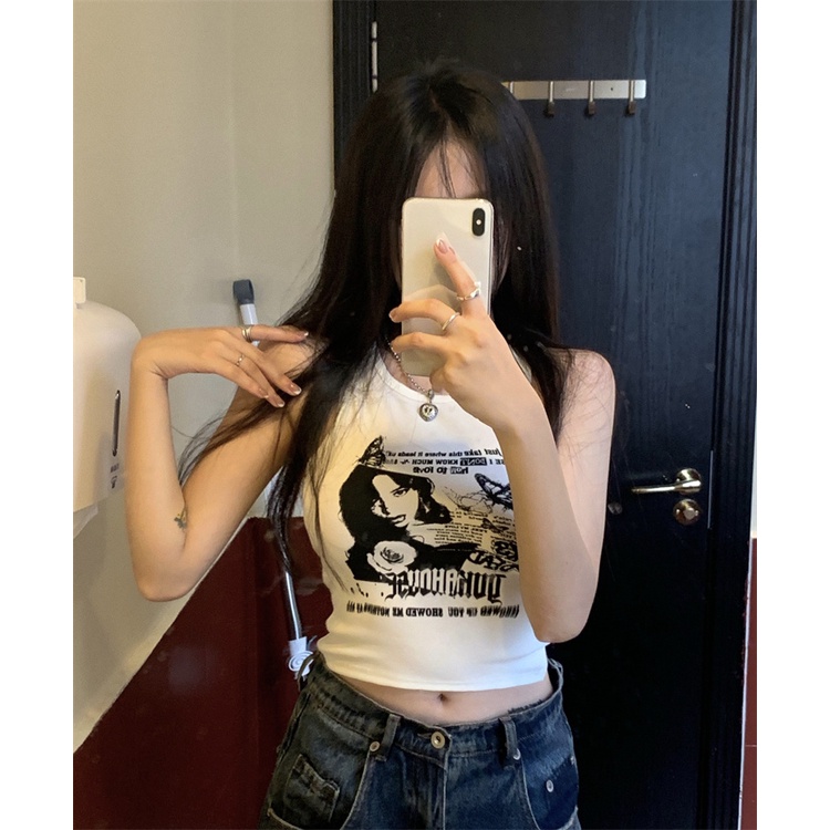 Red kumikumi letter print small vest female summer retro self-buditure slim short bottoming strap outerwear top