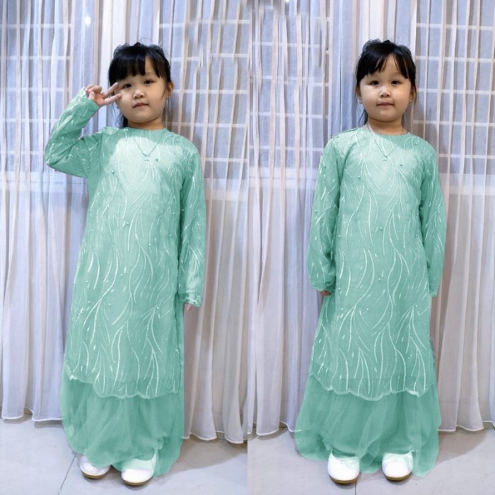 gamis anak  Gamis Brukat Brokat Anak Perempuan Polos GERALDA Warna HIJAU WARDAH - 1Jilbab Bela Grati