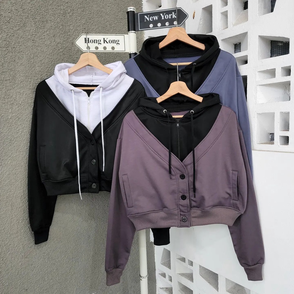 [CYC | COD] REALPICT | Outwear Twotone Zipper Hoodie | Fleece Apl. Kancing Sweater Wanita Trendy Murah