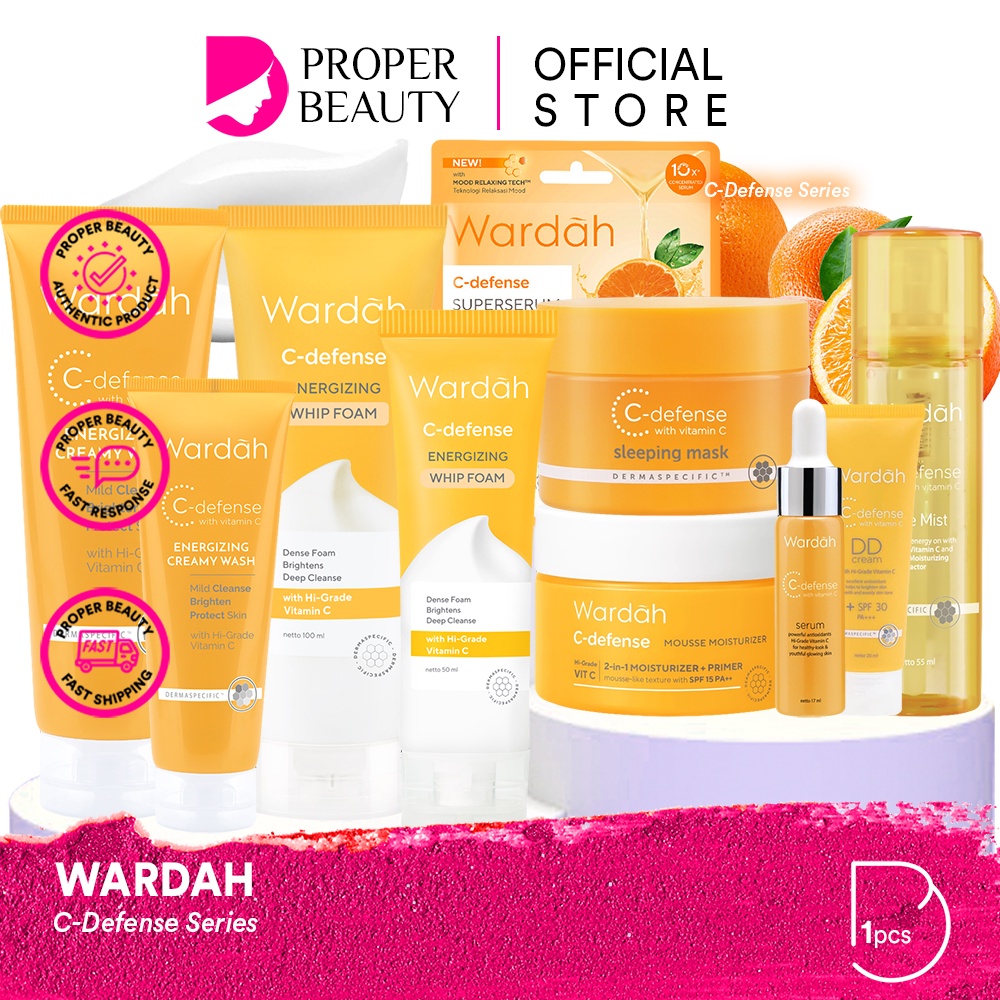 WARDAH C-Defense Series Indonesia / With Hi-Grade Vitamin C /  Energizing Creamy Wash Whip Foam Serum Mist DD Cream Sleeping Mask Mousse Moisturizer / Skincare Face Care / Skin Treatment Perawatan Wajah / Pembersih Pelembab Mencerahkan Segar Bundle Paket