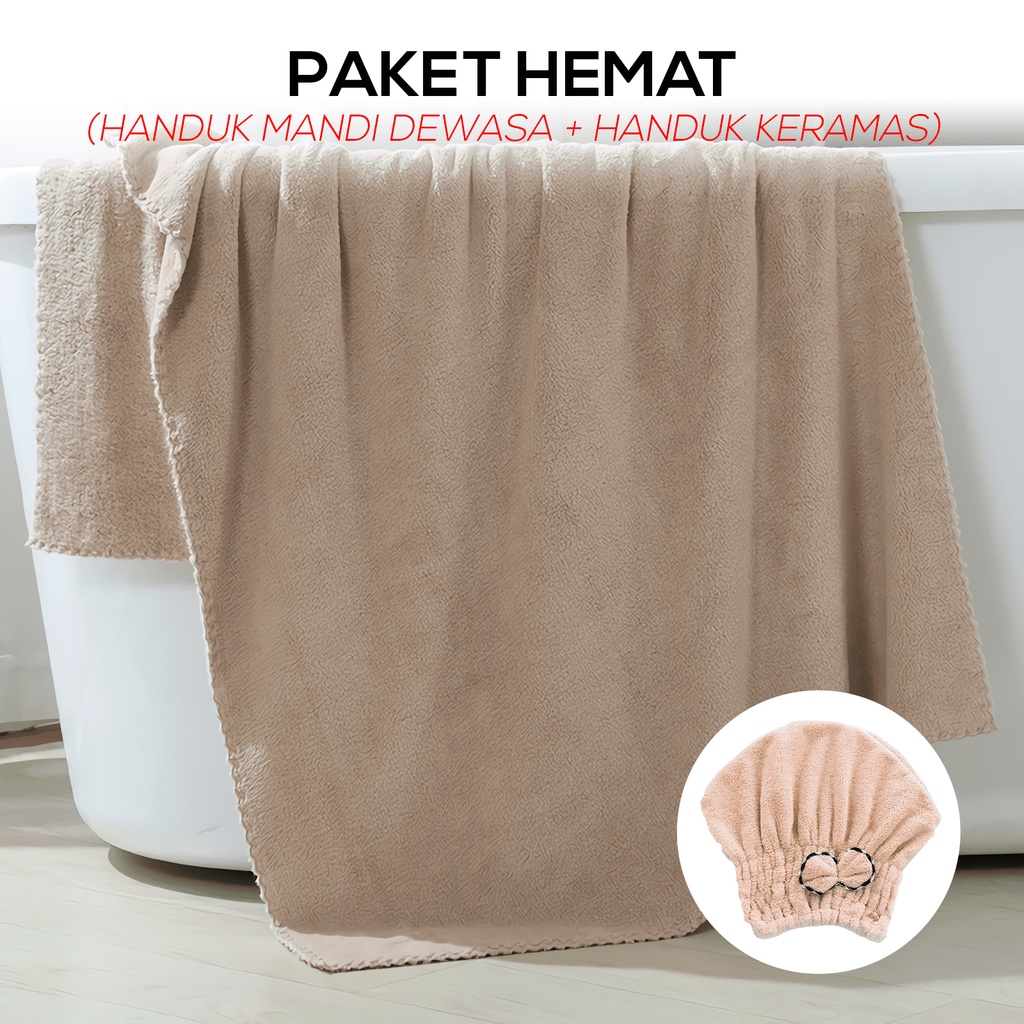 [PAKET HEMAT] Handuk Mandi Dewasa Ukuran 70x140cm  + Handuk Keramas Pita Bahan Microfiber Bulu Serap Air Quick Dry Towel