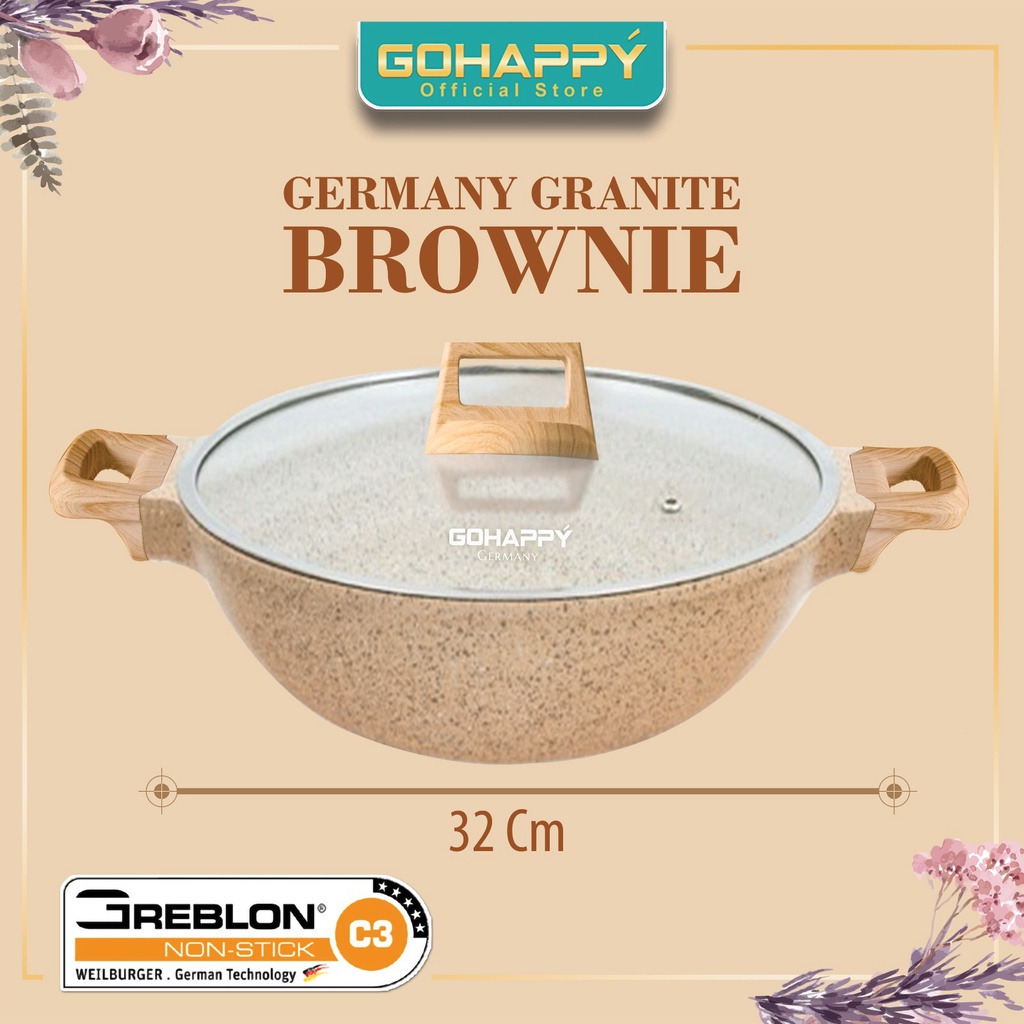 PANCI WOK PAN 32CM Brownie Gohappy Germany Granite Jerman | Wajan GRANITE penggorengan KUAT super besar teknology die cast greblon C3 Jerman KERAMIK CERAMIC