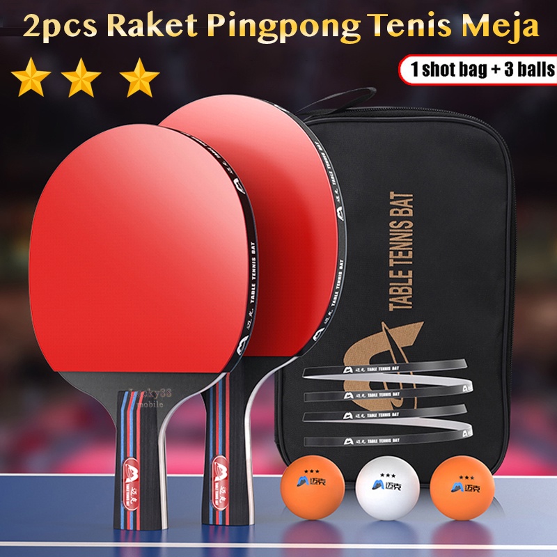 Bet Tenis Meja 1 Set 2 Pcs Free 3 Bola Pingpong Dua Arah Gagang Panjang Sepasang Bat Dengan Tas Lapi