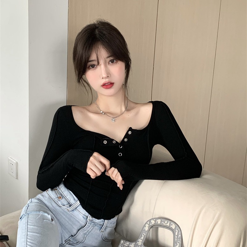 EUNII Korea Style Lengan Panjang Atasan Crop Top Desain Kancing Gaya Baju Atasan Wanita