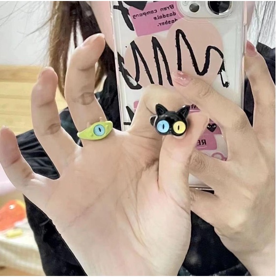 [KD] Mata Besar Manis Keren Kartun Indah Pacar Pasangan Cincin Cincin Lucu Kucing Hitam Monster Kecil