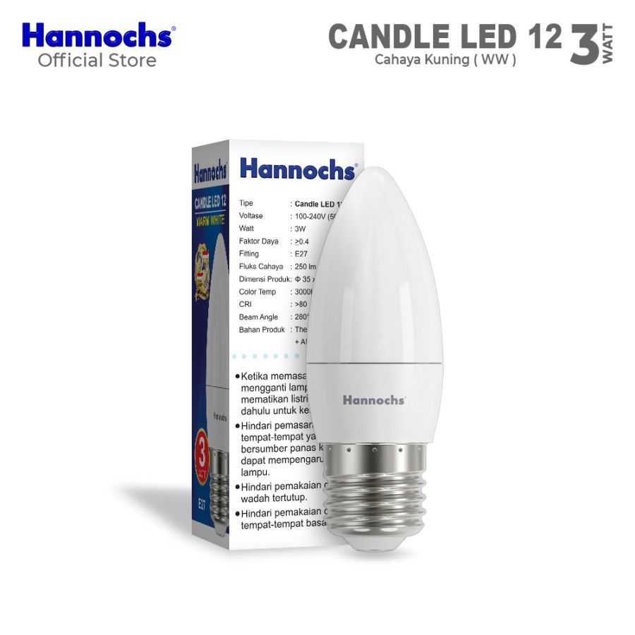 Lampu LED hannochs candle 12 3w 3 watt e27 warm white cahaya kuning