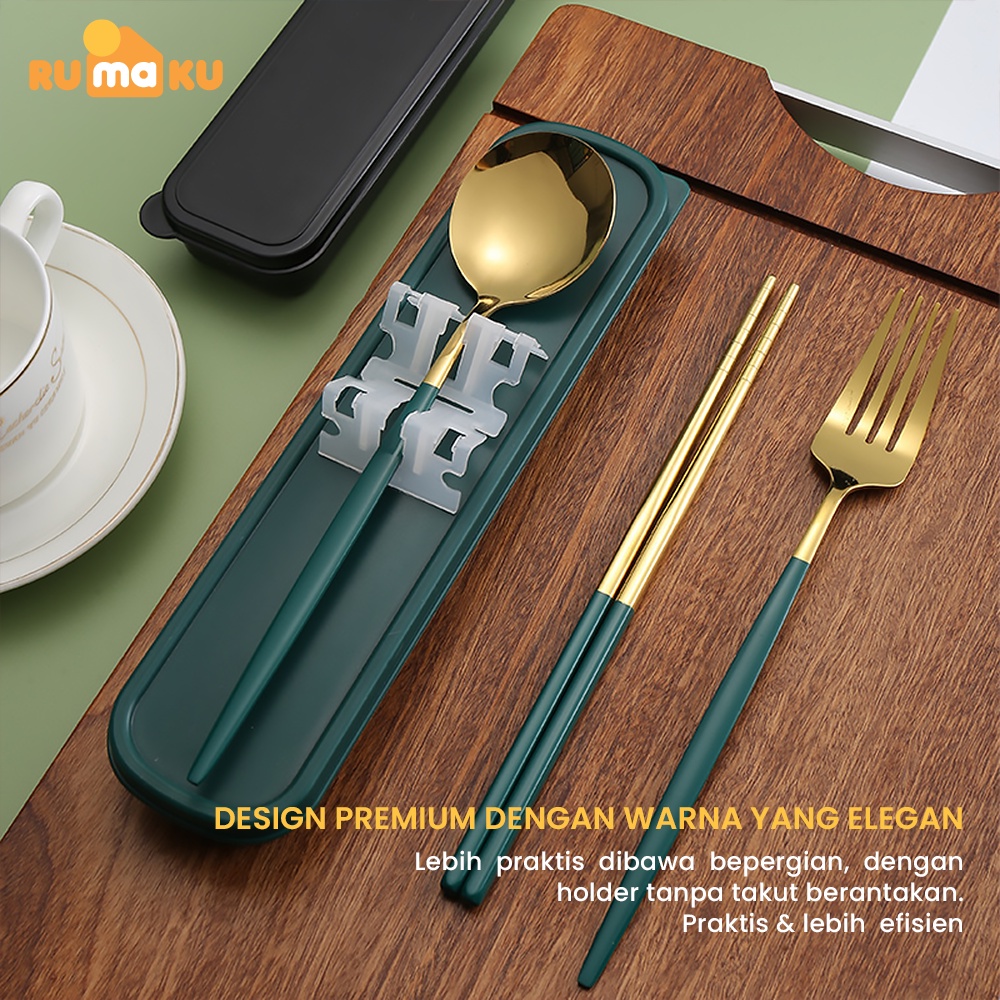 Rumaku Alat Makan Set 3 Pcs Stainless Steel 304 Sendok Garpu Sumpit Set Warna Emas dengan Kotak