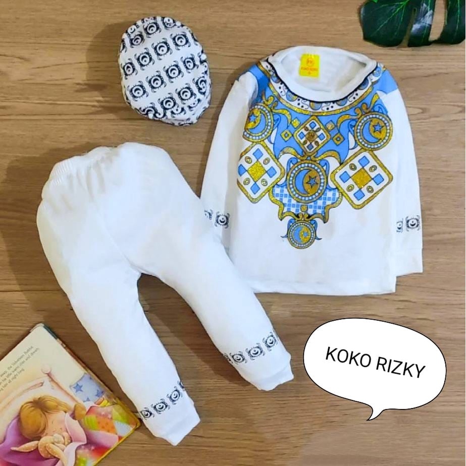 Setelan Baju Anak Bayi Laki-laki Atasan Dan Celana Usia 3-18 Bulan Motif Koko Putih Sholeh Free Peci