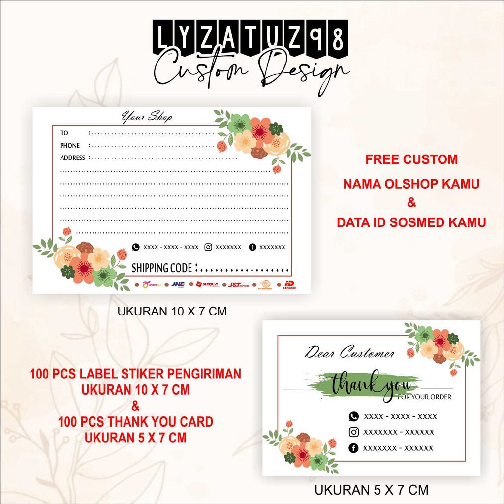 

100pcs Label Stiker pengiriman + 100pcs thank you card kartu terima kasih custom KODE 3