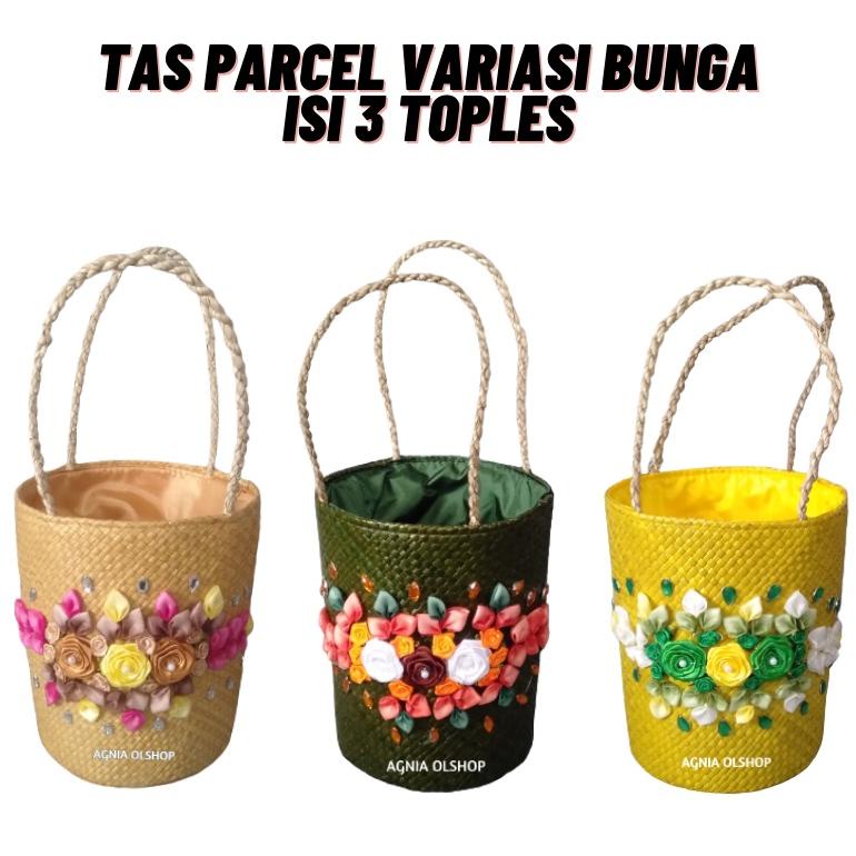 TAS PARCEL BUNGA ISI 3 TOPLES KERANJANG HAMPERS ANYAMAN PANDAN TAS HAMPERS LEBARAN KERANJANG PARCEL 