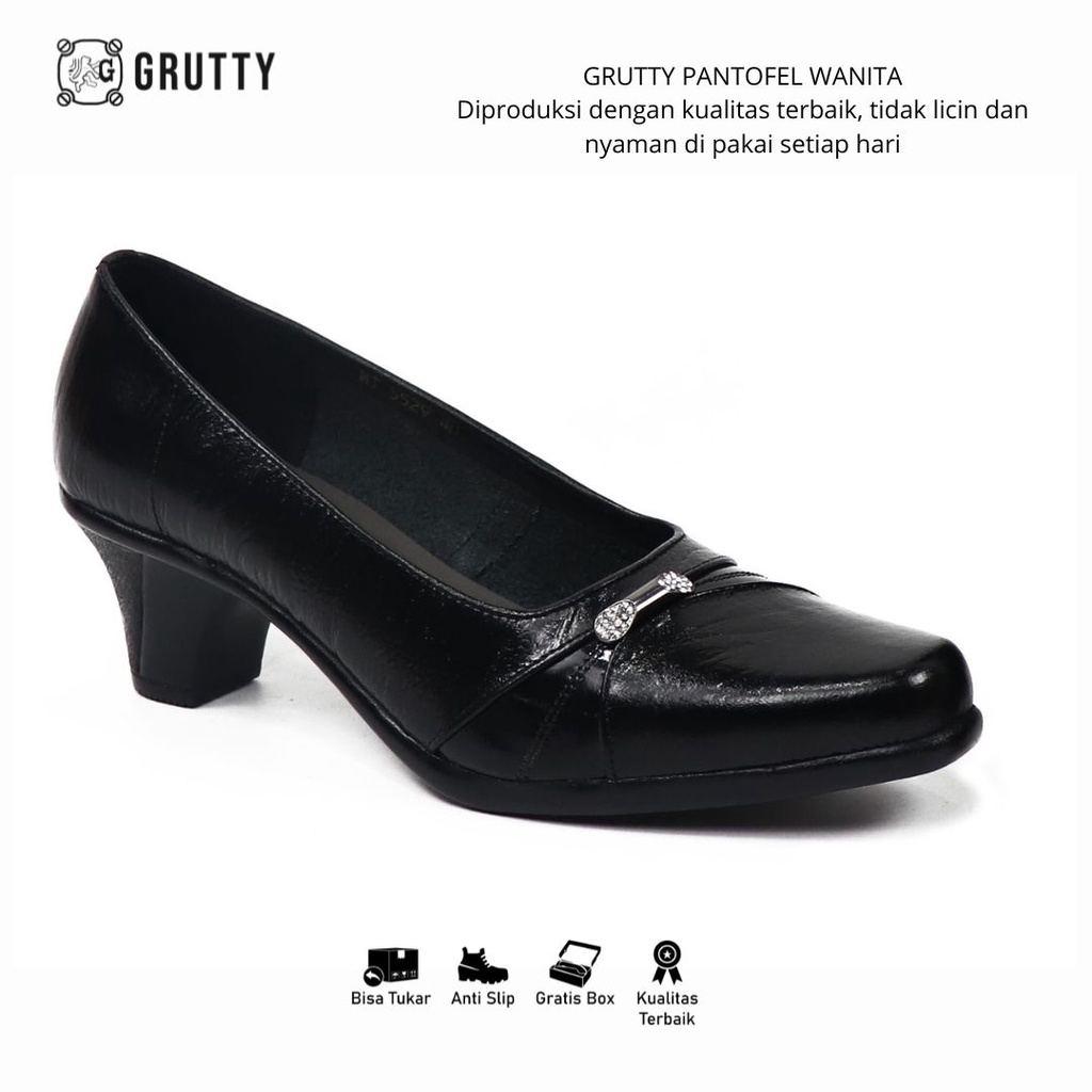 Sepatu Wanita Formal Pantofel Kerja Kantor Kulit Asli GRUTTY Heels Hitam