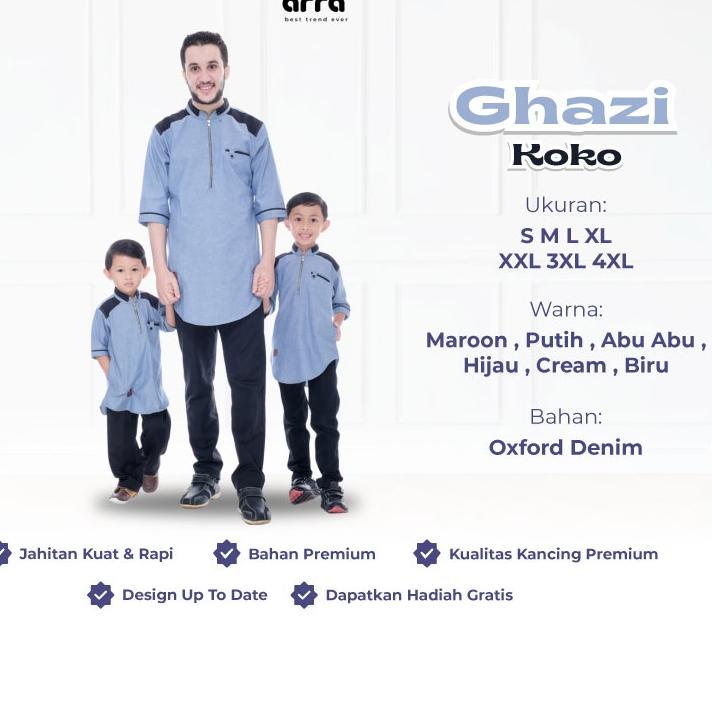 Terlaris Arra Ghazi Baju Koko Pria Lengan 3/4 Dewasa dan Anak Laki Laki Bahan Oxford Denim Size S M 