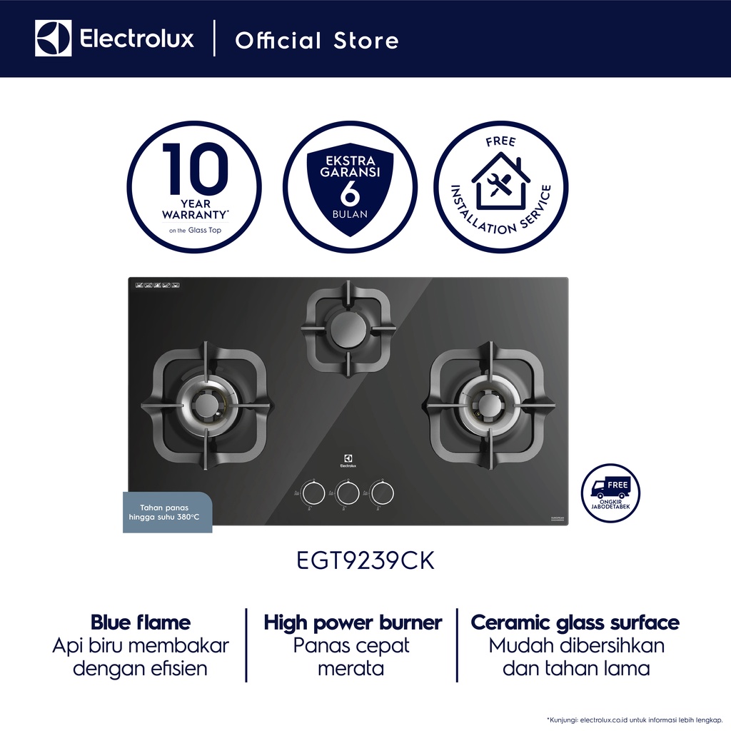 Electrolux Kompor Tanam Potenza 90cm 3 tungku EGT9239CK / EGT9239 CK - Luar Jabodetabek