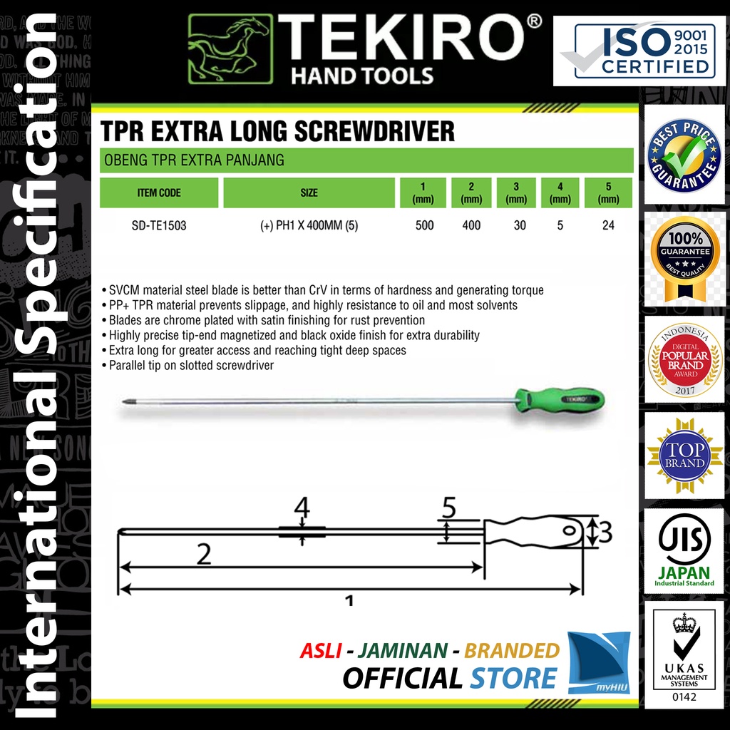 Obeng Gagang TPR Panjang (+) Plus PH1 x 400 mm TEKIRO ( Anti Selip / Sulit Basah / Ujung Magnit )