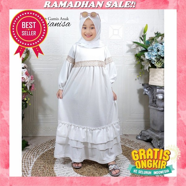 Gamis Hanna, Gamis Long Dress Muslim Anak Bahan Katun Pink Sage Green Hijau Biru Pink Untuk Umur 3 4